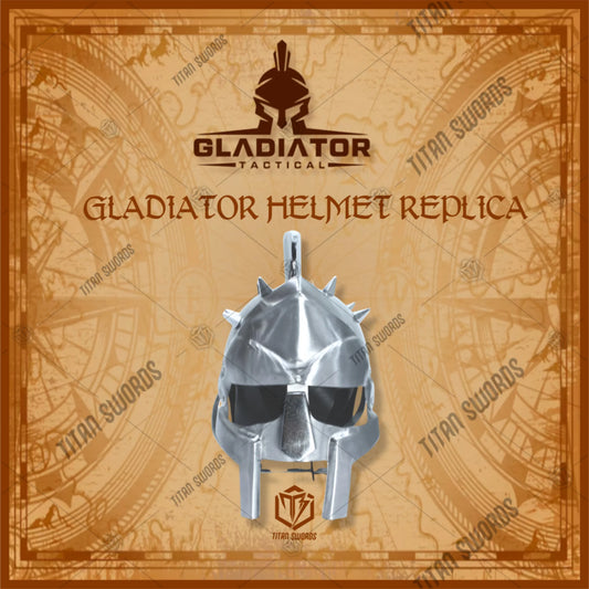 Premium Gladiator Silver Roman Helmet Replica with high-carbon stainless steel.