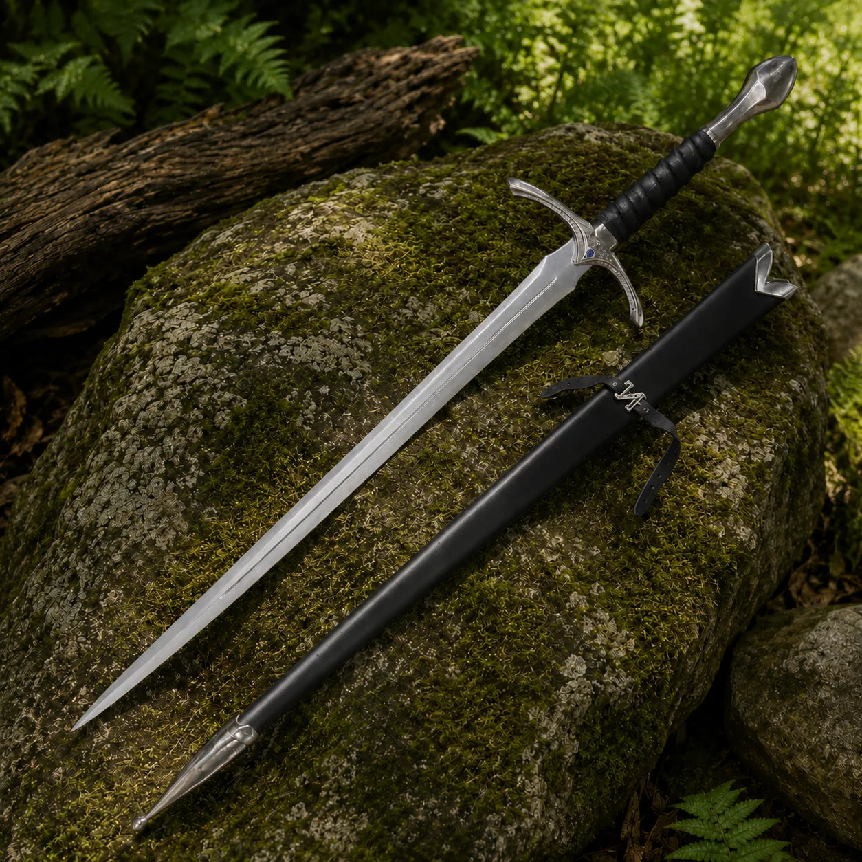 Glamdring Sword of Gandalf LOTR display replica with black and silver fantasy styling, dark accent details, and collectible Middle-earth decor presentation