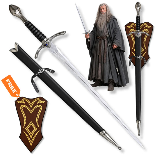 Glamdring Gandalf sword LOTR prop replica with black scabbard and decorative wall display plaque