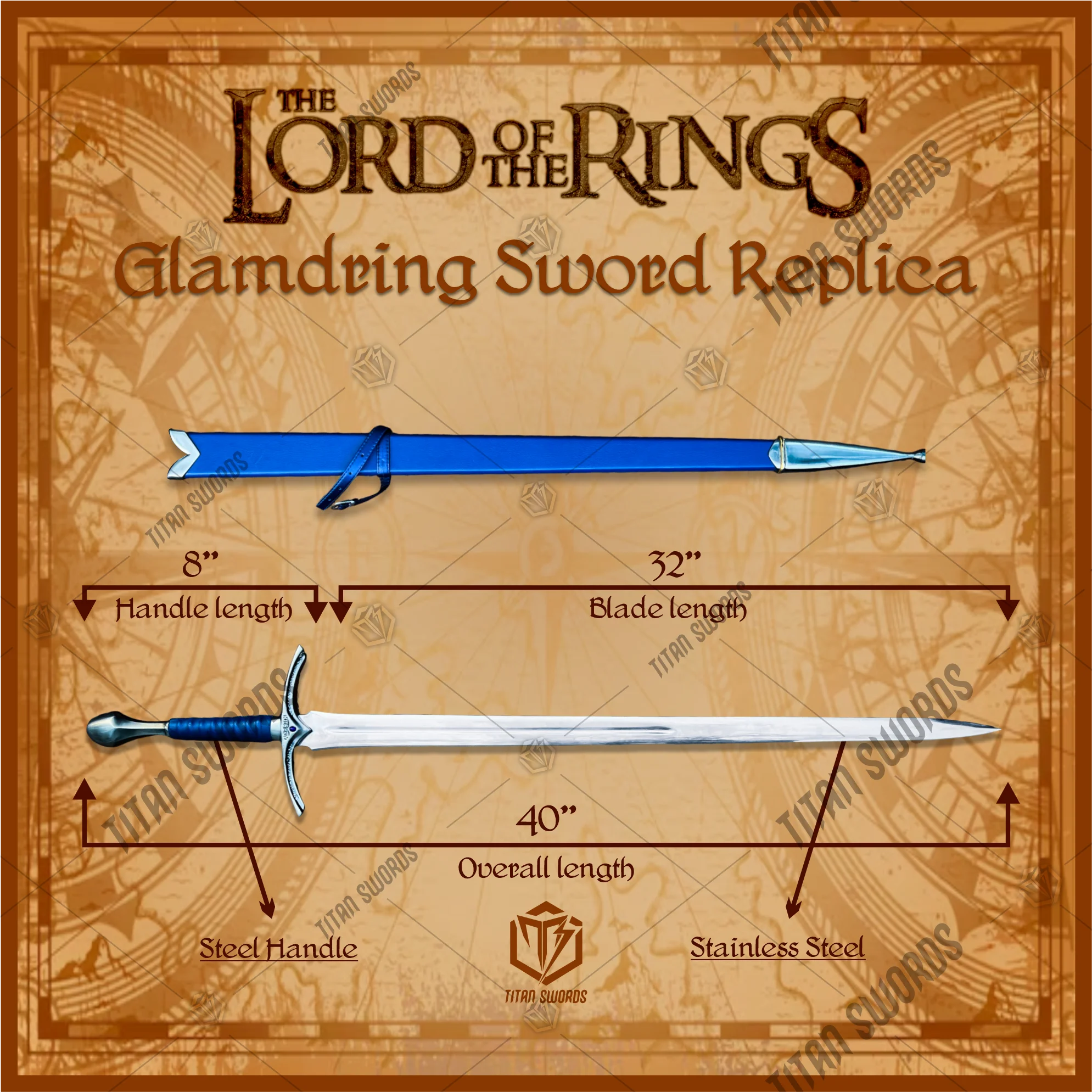 Premium Glamdring Gandalf’s Elven Might Sword Replica LOTR with Rosewood Stand