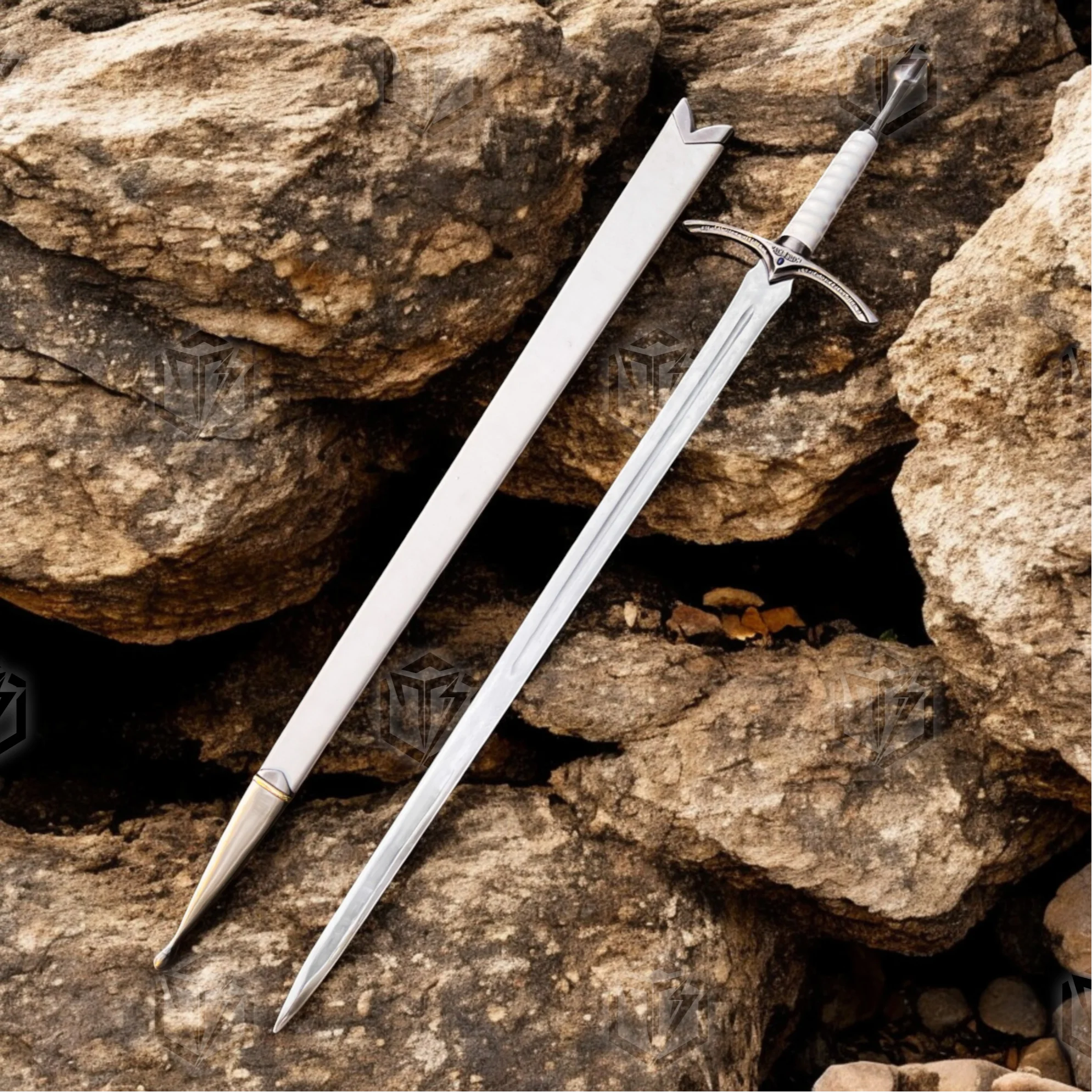 Premium Glamdring Gandalf’s White Elven Might Sword Replica LOTR with Rosewood Stand