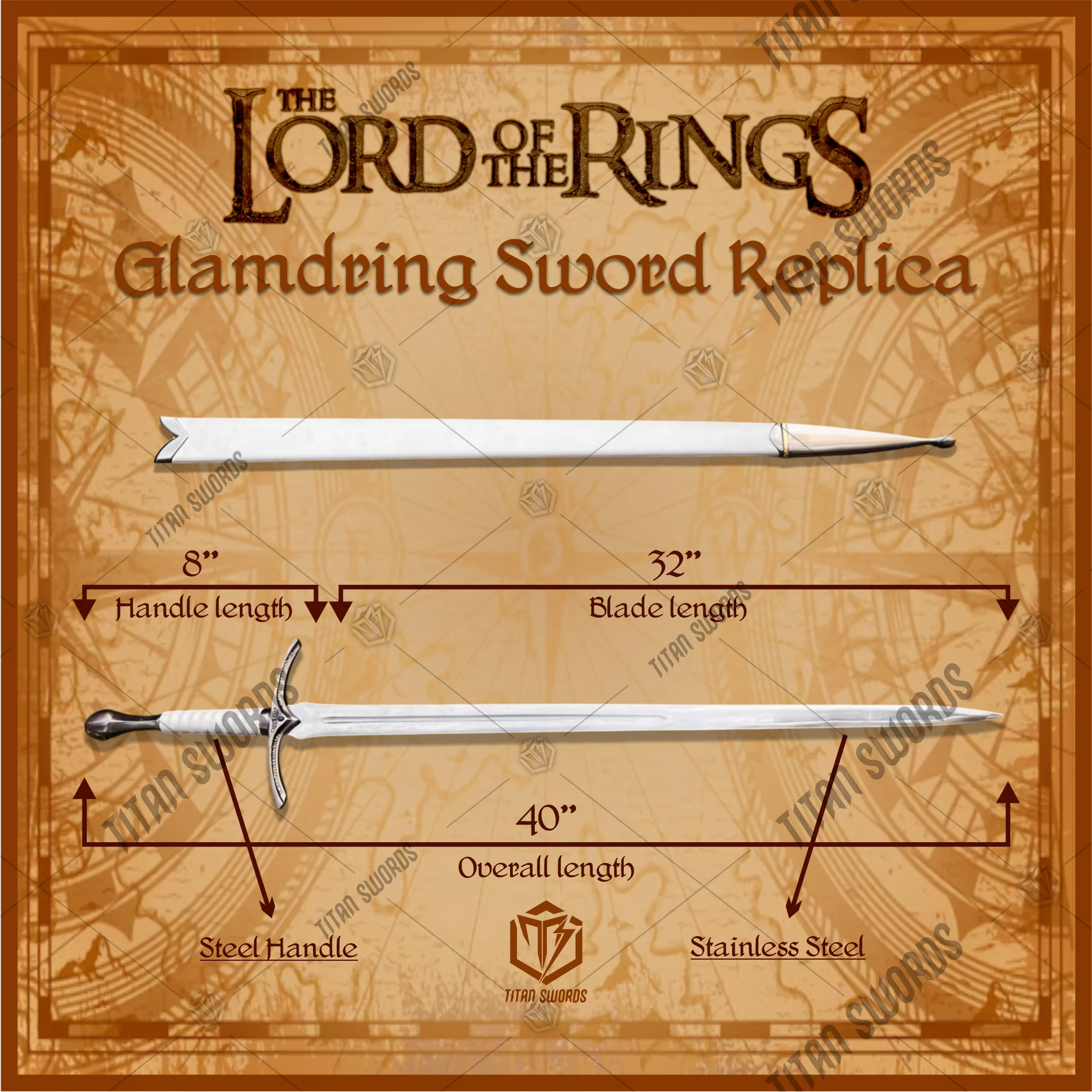 Premium Glamdring Gandalf’s White Elven Might Sword Replica LOTR with Rosewood Stand
