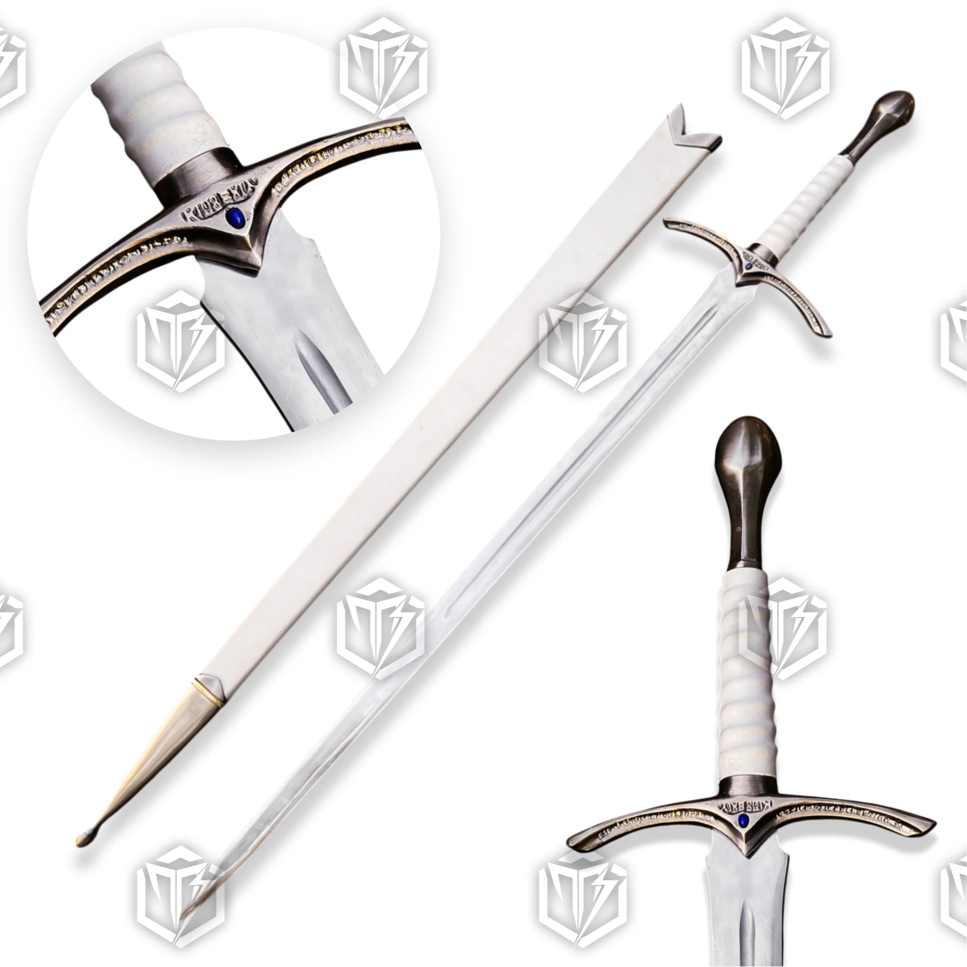 Premium Glamdring Gandalf’s White Elven Might Sword Replica LOTR with Rosewood Stand