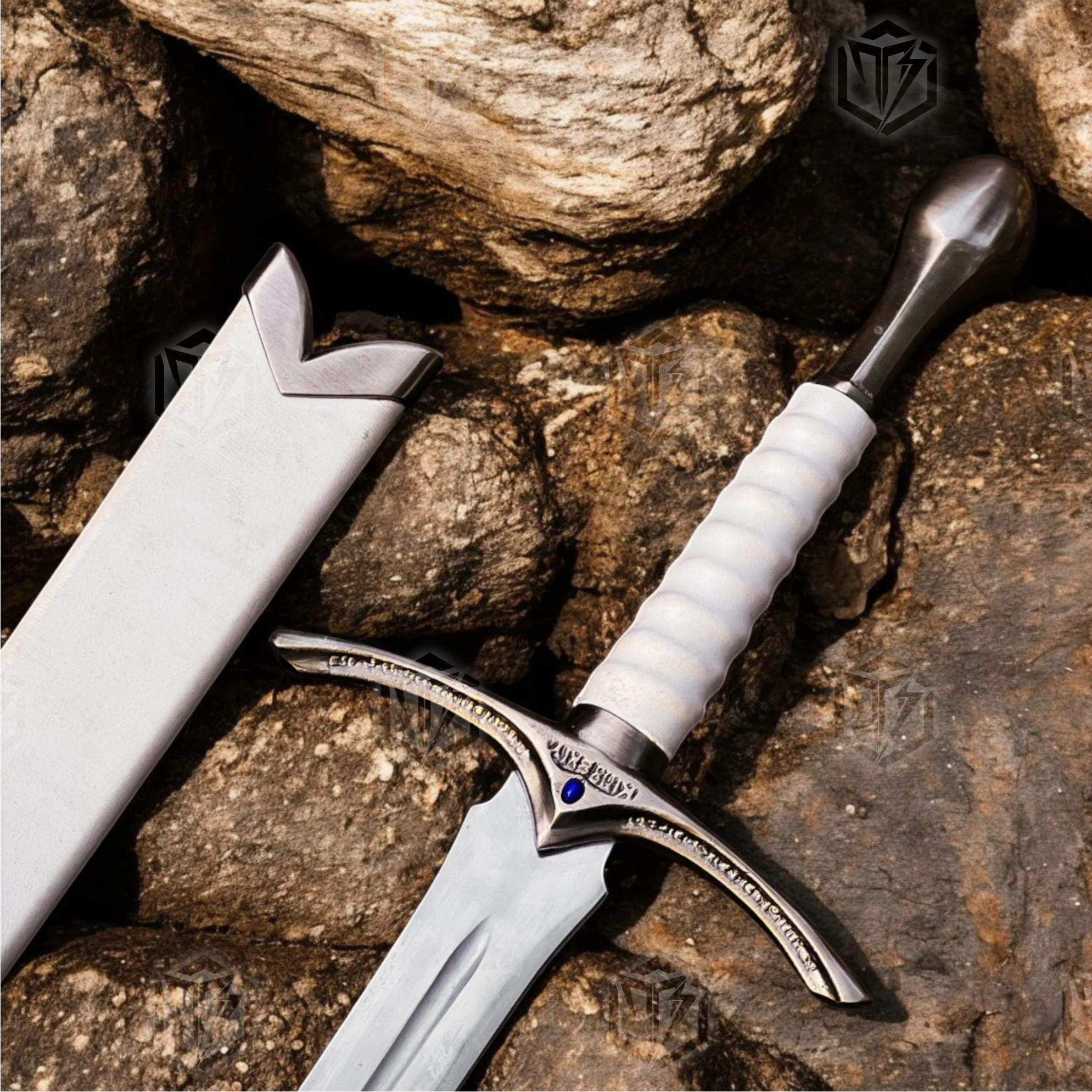 Premium Glamdring Gandalf’s White Elven Might Sword Replica LOTR with Rosewood Stand