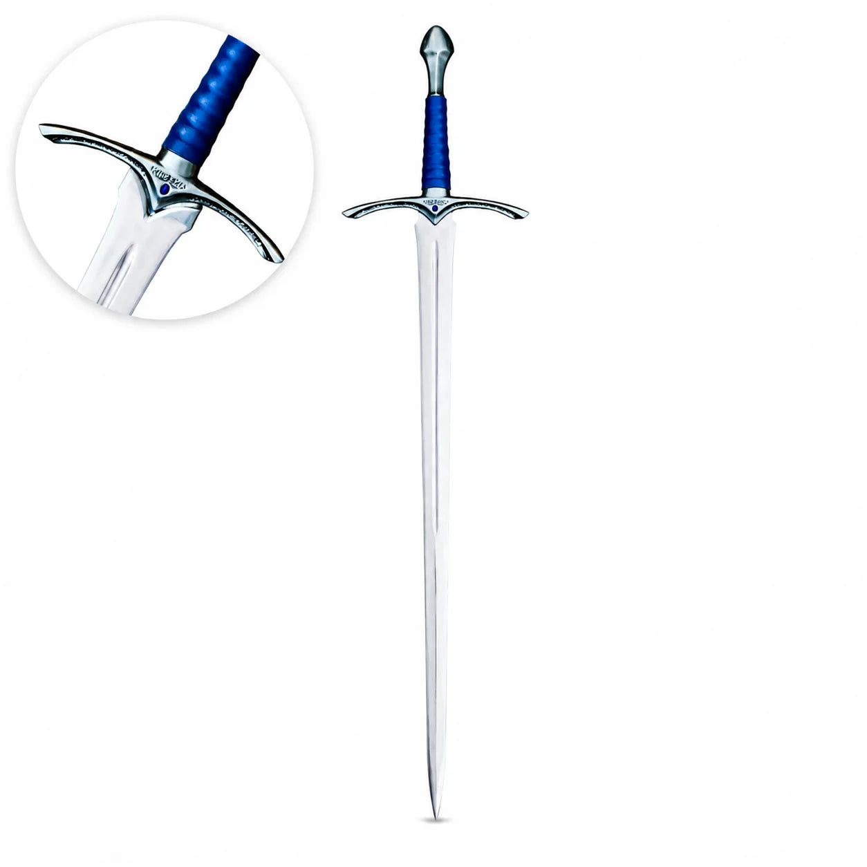 Universal Image Alt Text: Glamdring LOTR elven decorative display replica with blue ribbed grip and matching blue display sheath with metallic silver trim.