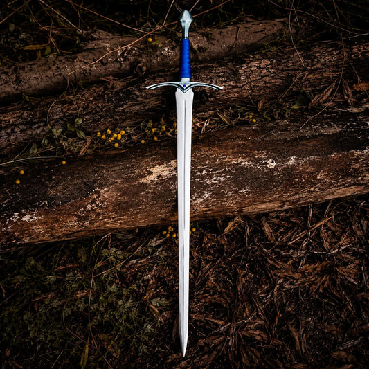 Universal Image Alt Text: Glamdring LOTR elven decorative display replica with blue ribbed grip and matching blue display sheath with metallic silver trim.