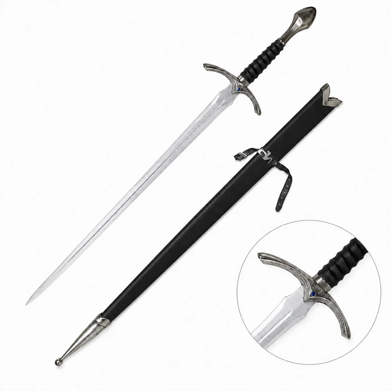 Glamdring sword of Gandalf prop replica close-up showing ornate engraved silver crossguard blue gemstone accent and black leather ribbed grip on mossy log – LOTR display collectible
