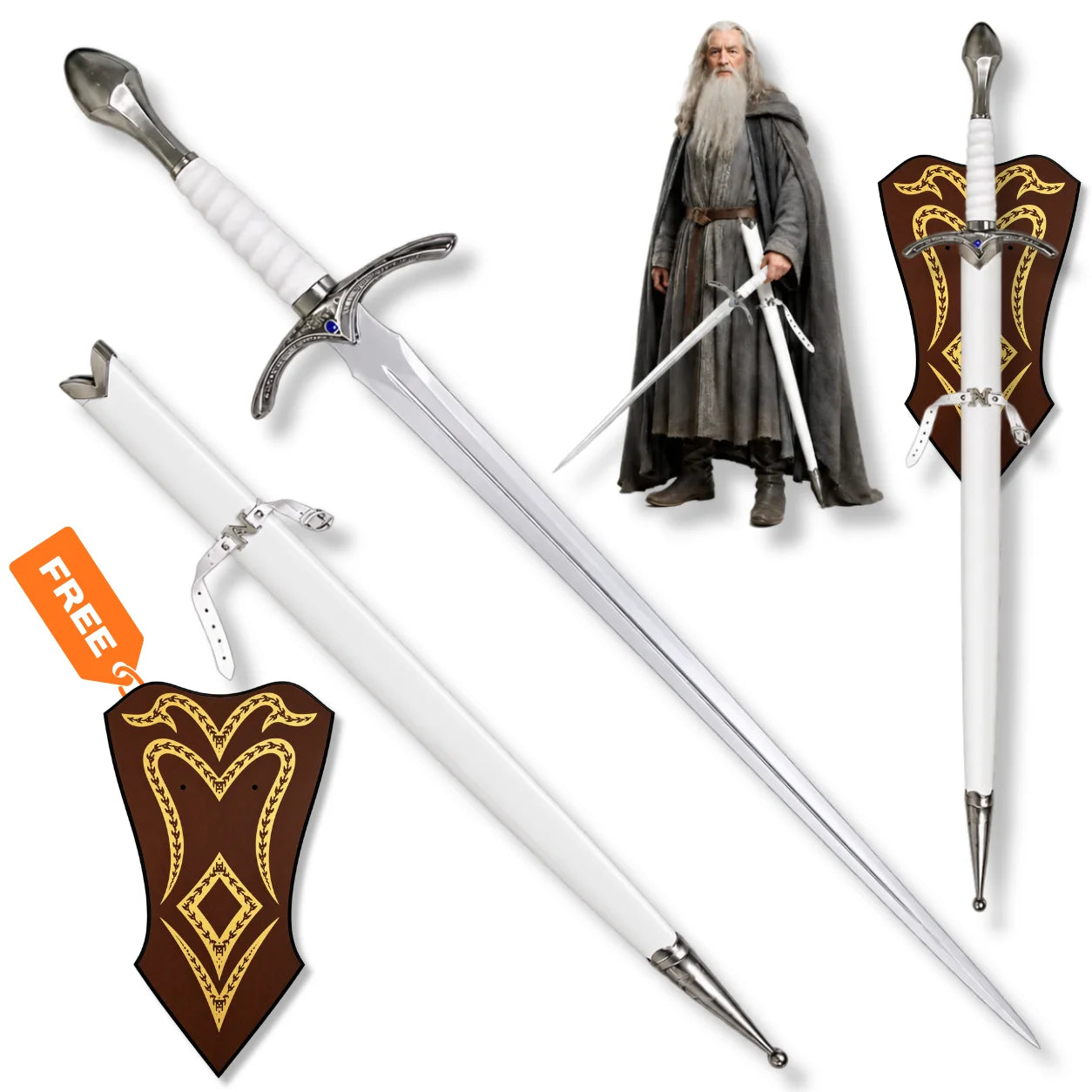 Glamdring sword Gandalf White LOTR prop replica with white scabbard and decorative wall display plaque