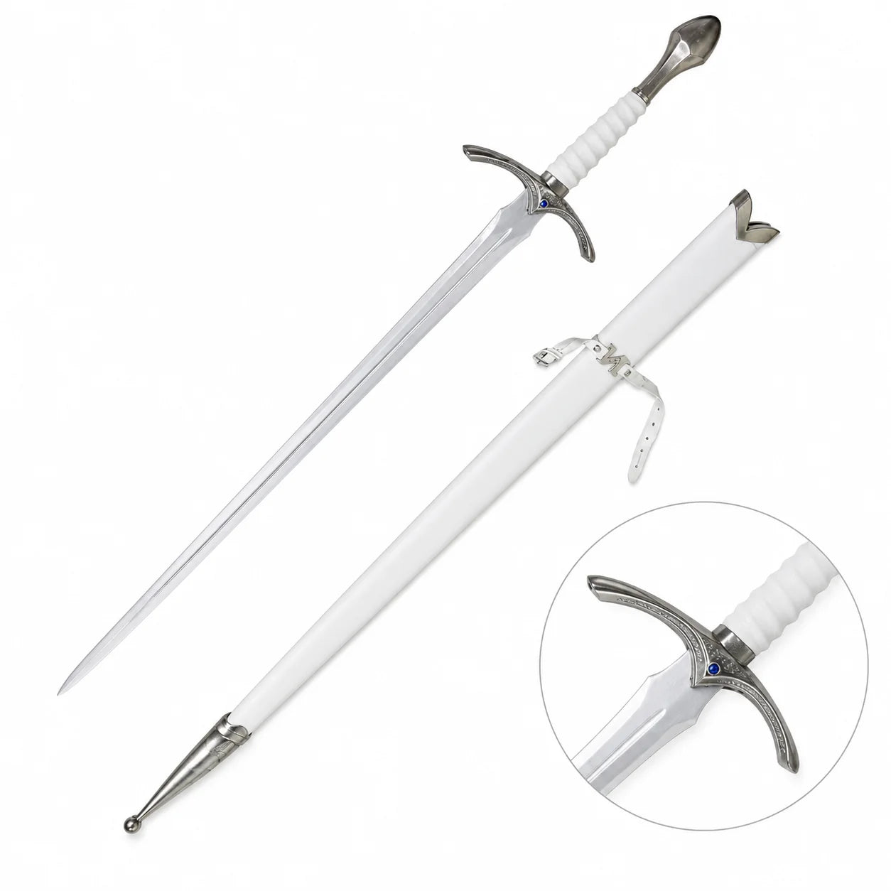 Glamdring sword of Gandalf White prop replica blade tip close-up on mossy rock in sunlit forest showing polished silver single fuller profile – LOTR display collectible