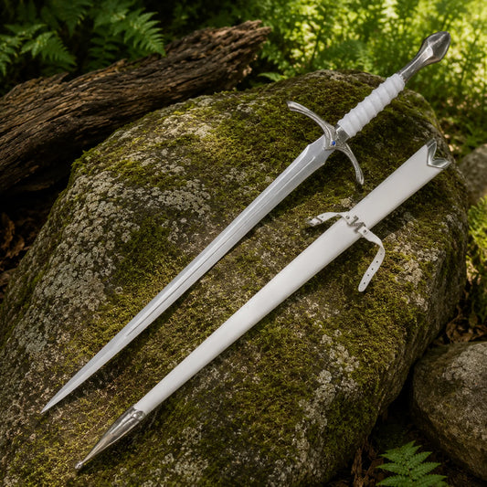 Glamdring sword of Gandalf White prop replica held aloft in gloved hand in sunlit forest showing full polished single fuller blade ornate crossguard and white ribbed grip – LOTR cosplay prop