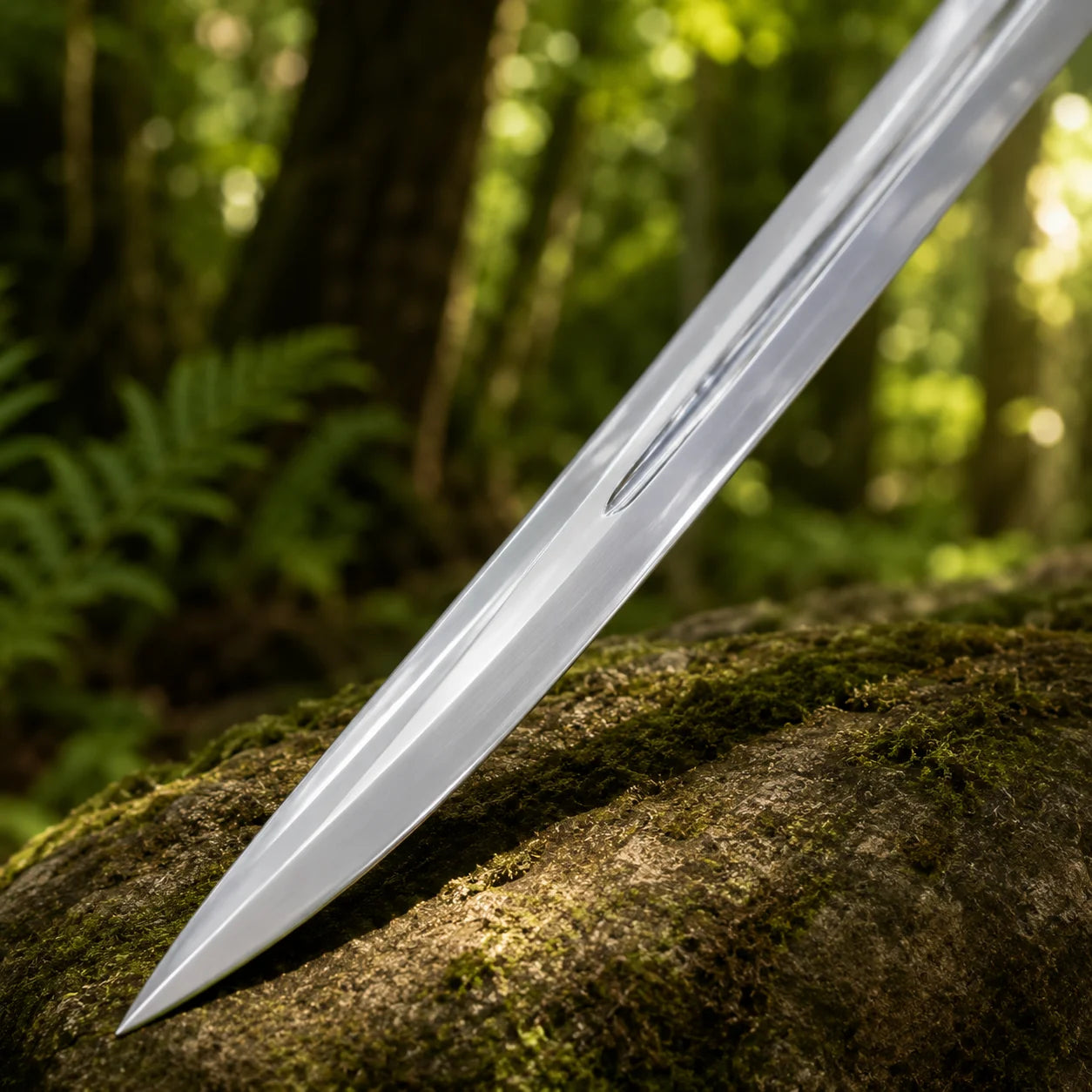 Glamdring sword of Gandalf White prop replica product flat lay on white background showing full blade white scabbard with silver chape belt straps and crossguard detail inset with blue gemstone – LOTR Tolkien collectible