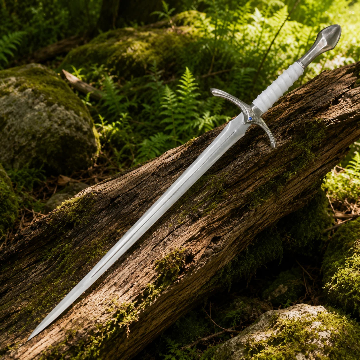 Glamdring sword of Gandalf White prop replica full length on mossy boulder in sunlit forest showing complete polished silver single fuller blade and ornate engraved crossguard – LOTR fan gift