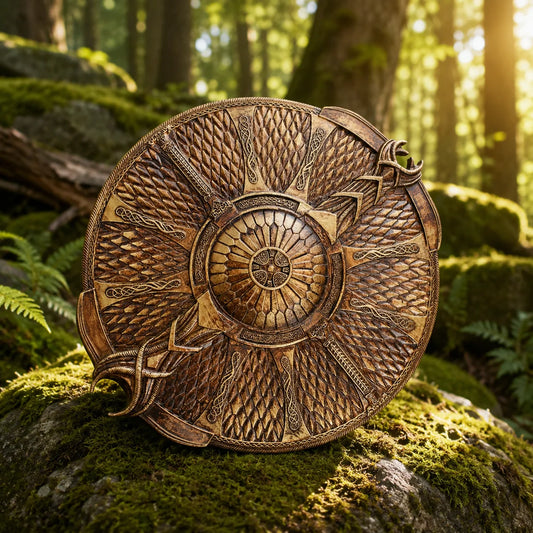 God of War Kratos Shield prop replica side angle view in forest setting