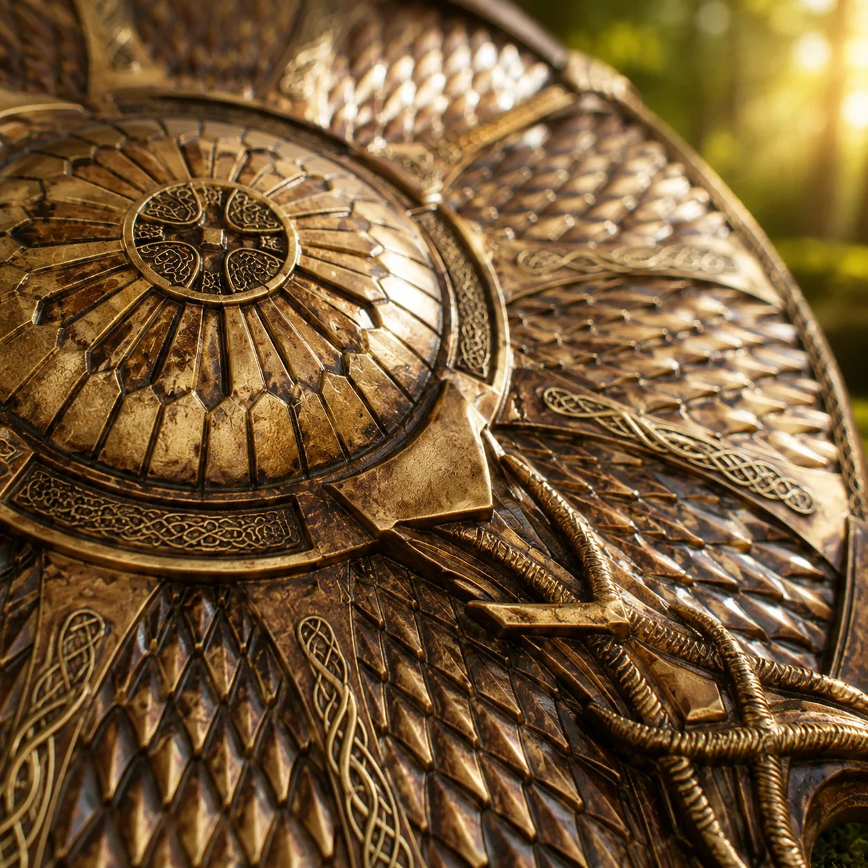 Close-up detail of Kratos Shield prop replica Norse engravings and boss – God of War collectible
