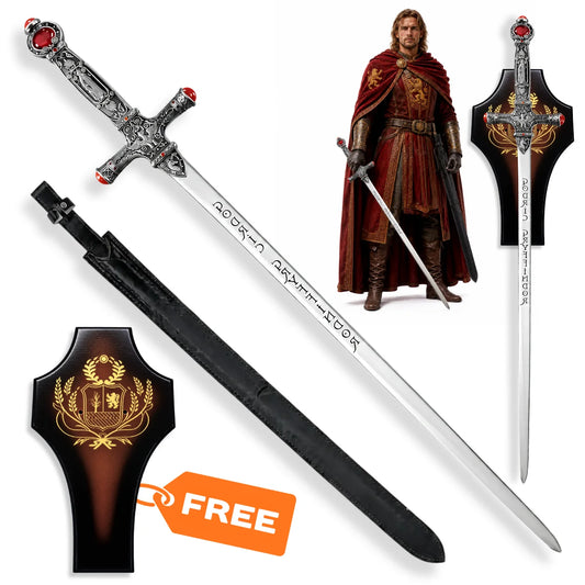 Godric Gryffindor sword Harry Potter antique prop replica with engraved silver blade, red wrapped handle, black scabbard and display plaque
