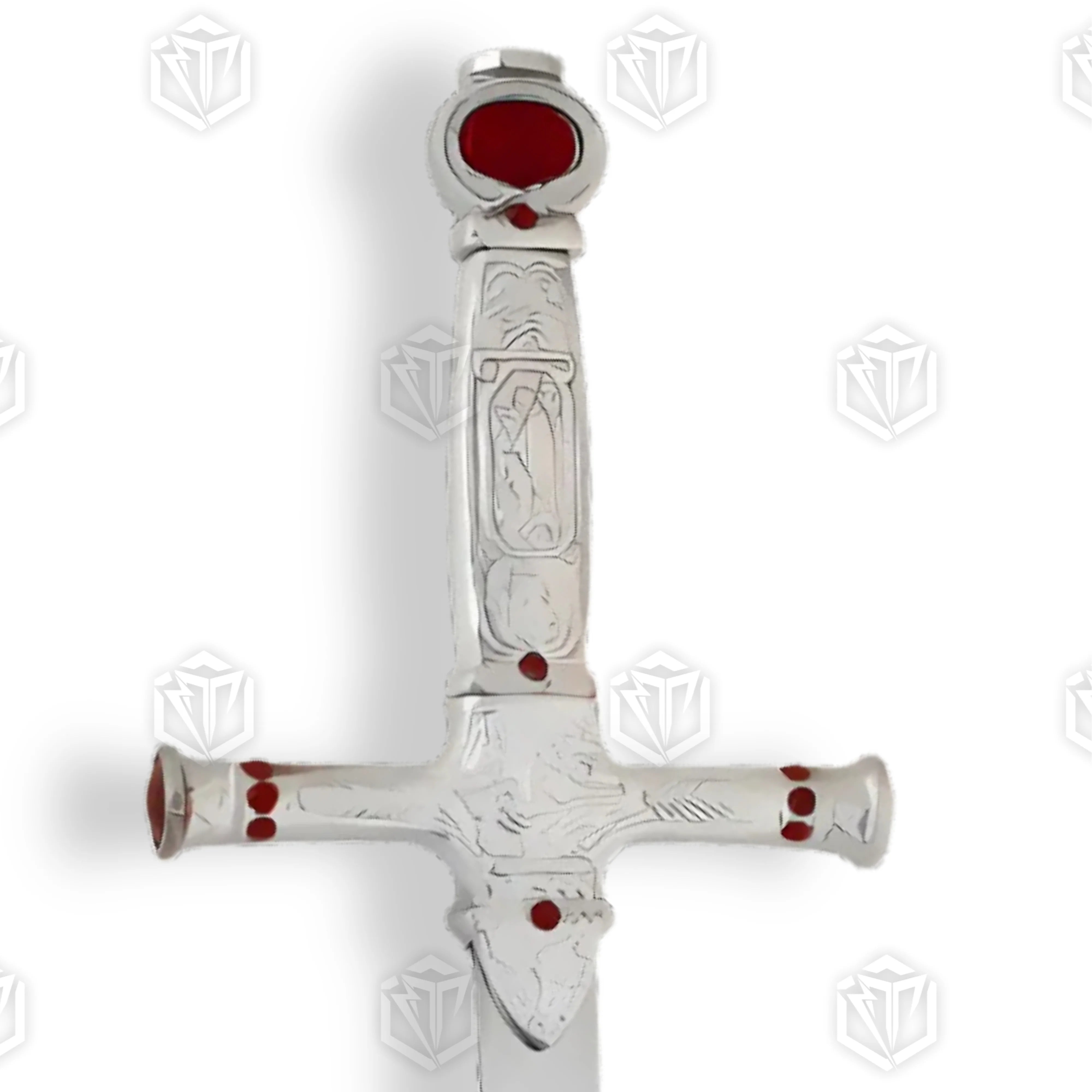 Godric Gryffindor sword prop replica full length diagonal on mossy rock in sunlit fern forest showing polished silver blade with Godric Gryffindor engraving ornate silver hilt and ruby red gemstones – Harry Potter display collectible