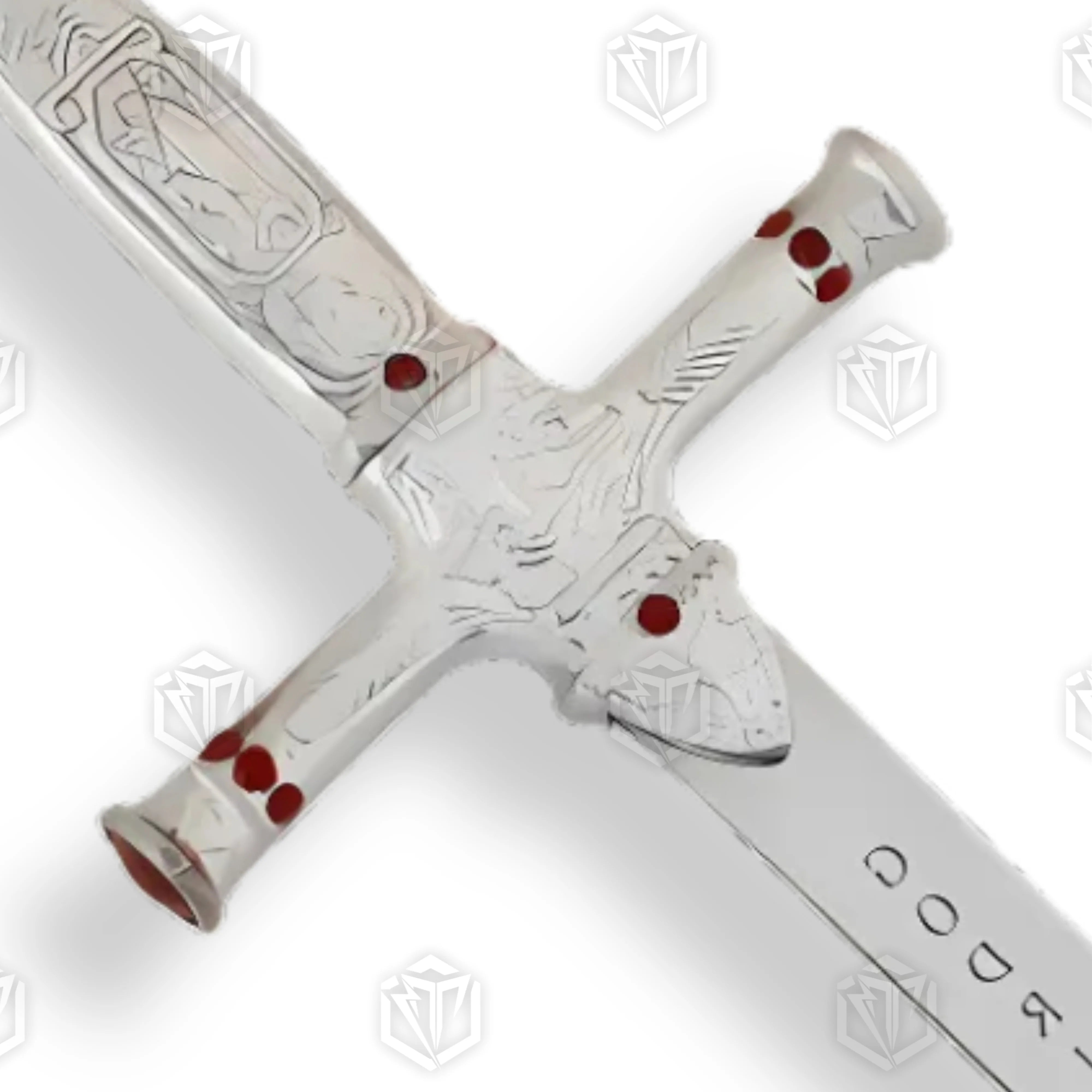 Godric Gryffindor sword prop replica full length diagonal on mossy rock in sunlit fern forest showing polished silver blade with Godric Gryffindor engraving ornate silver hilt and ruby red gemstones – Harry Potter display collectible