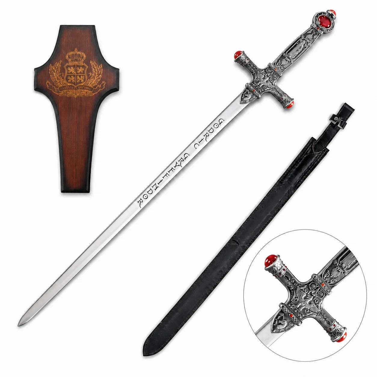 Godric Gryffindor sword prop replica full length on mossy rock with free dark black leather scabbard and dark wood Hogwarts crest wall plaque in sunlit fern forest showing polished silver blade Goblin script engravings ornate crossguard and ruby pommel – Harry Potter display collectible