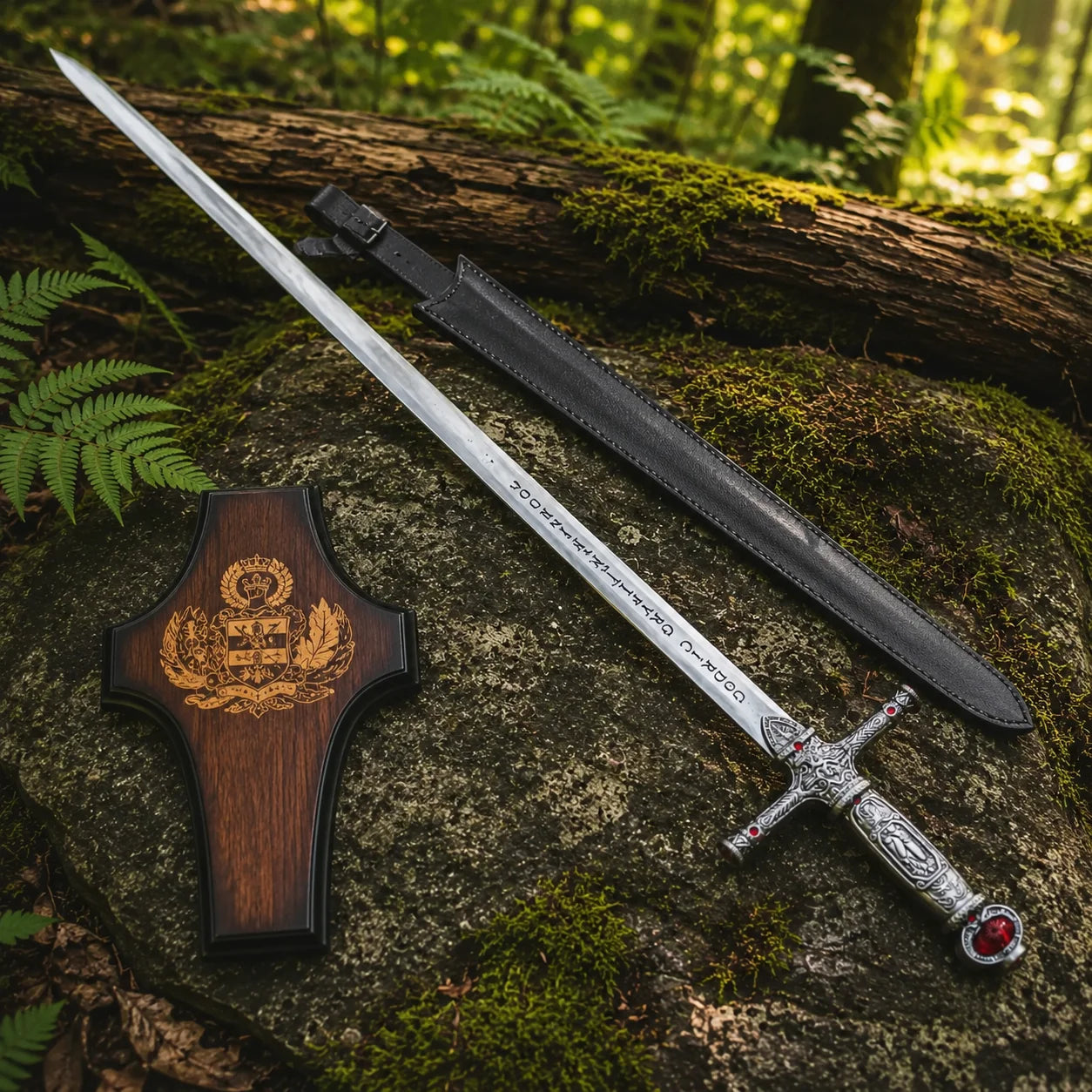 Godric Gryffindor sword prop replica full length diagonal on mossy log in sunlit fern forest showing complete polished silver blade with Goblin script engravings ornate antique silver crossguard red ruby gemstones and large ruby pommel – Harry Potter fan gift