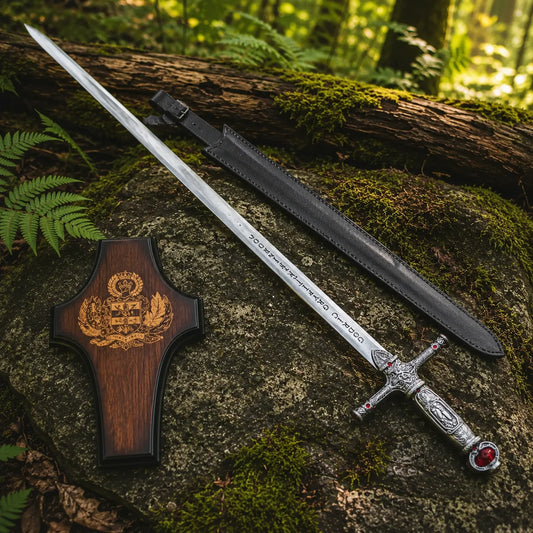 Godric Gryffindor sword prop replica full length diagonal on mossy log in sunlit fern forest showing complete polished silver blade with Goblin script engravings ornate antique silver crossguard red ruby gemstones and large ruby pommel – Harry Potter fan gift