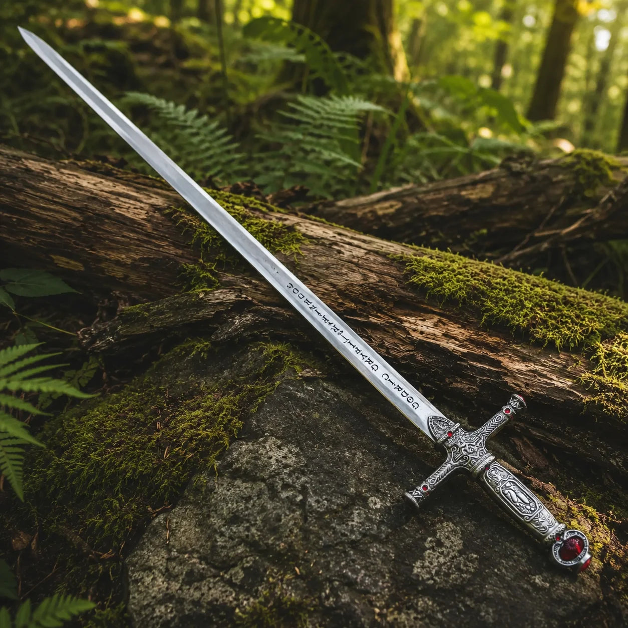 Godric Gryffindor sword prop replica close-up of highly ornate antique silver crossguard with intricate scroll vine engravings red ruby gemstones detailed engraved grip and large round ruby pommel on mossy log in sunlit forest – Harry Potter collectible