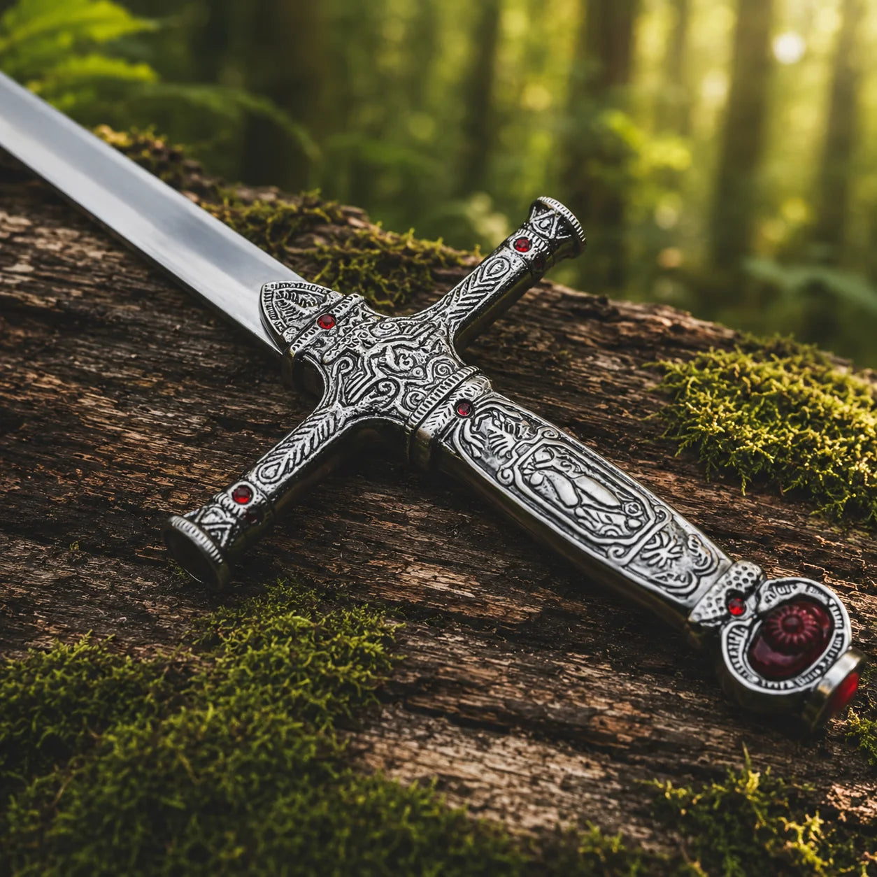 Godric Gryffindor sword prop replica close-up macro of polished silver blade flat showing Godric Gryffindor Goblin script engraving on mossy log in sunlit forest – Hogwarts sword display collectible