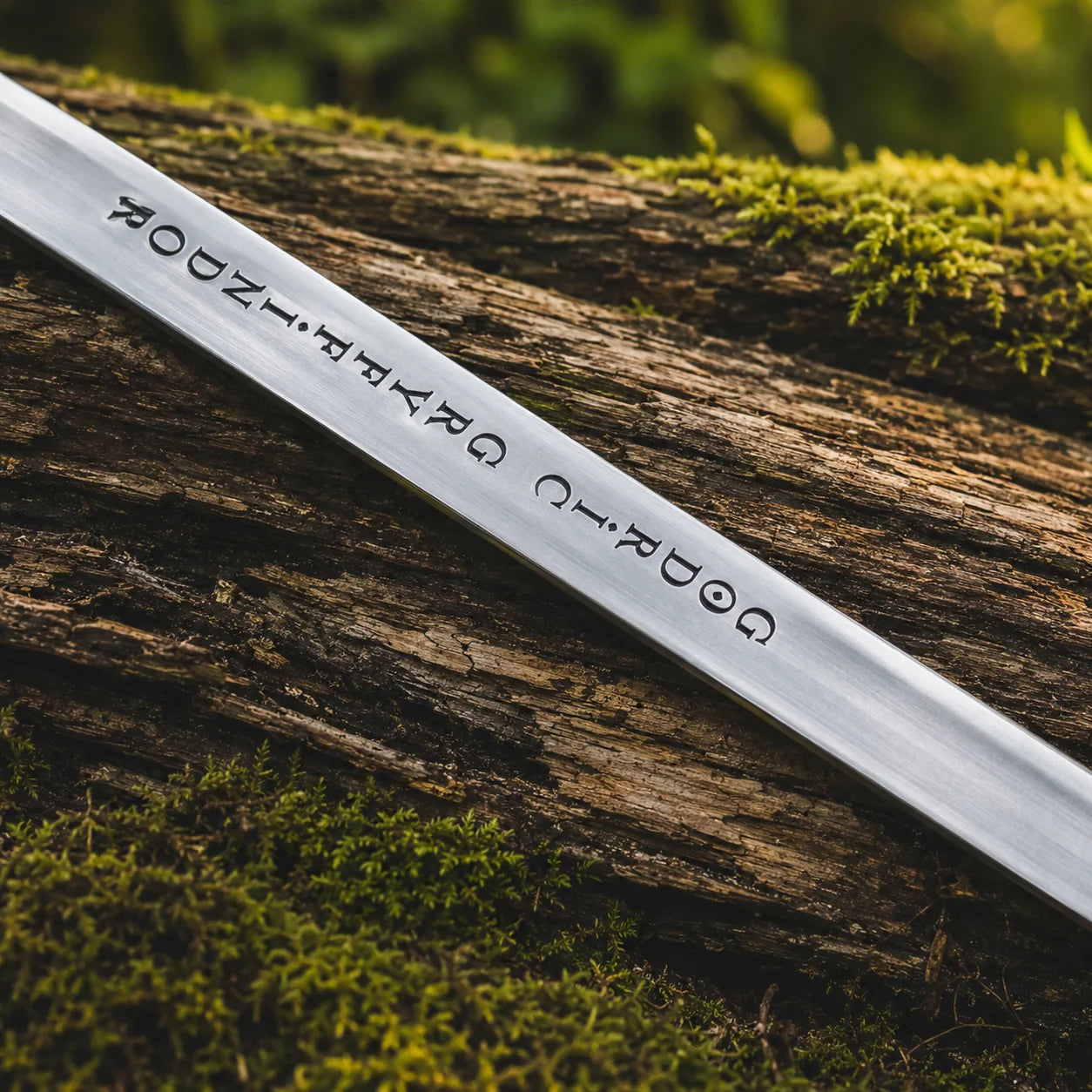 Godric Gryffindor sword prop replica full length on mossy log against mossy rock in sunlit fern forest side profile hero shot showing complete polished silver blade with Goblin script engravings ornate crossguard red ruby gemstones and ruby pommel – Gryffindor sword fan gift