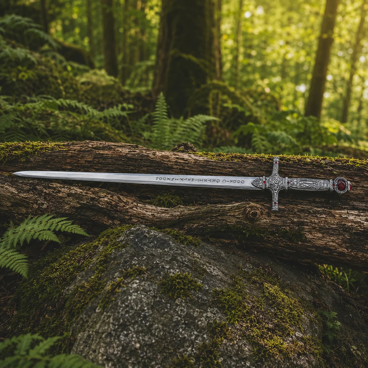 Godric Gryffindor sword prop replica held in gloved hand in sunlit fern forest showing full polished silver blade with Goblin script engravings ornate antique silver crossguard red ruby gemstones and large ruby pommel – Harry Potter cosplay prop