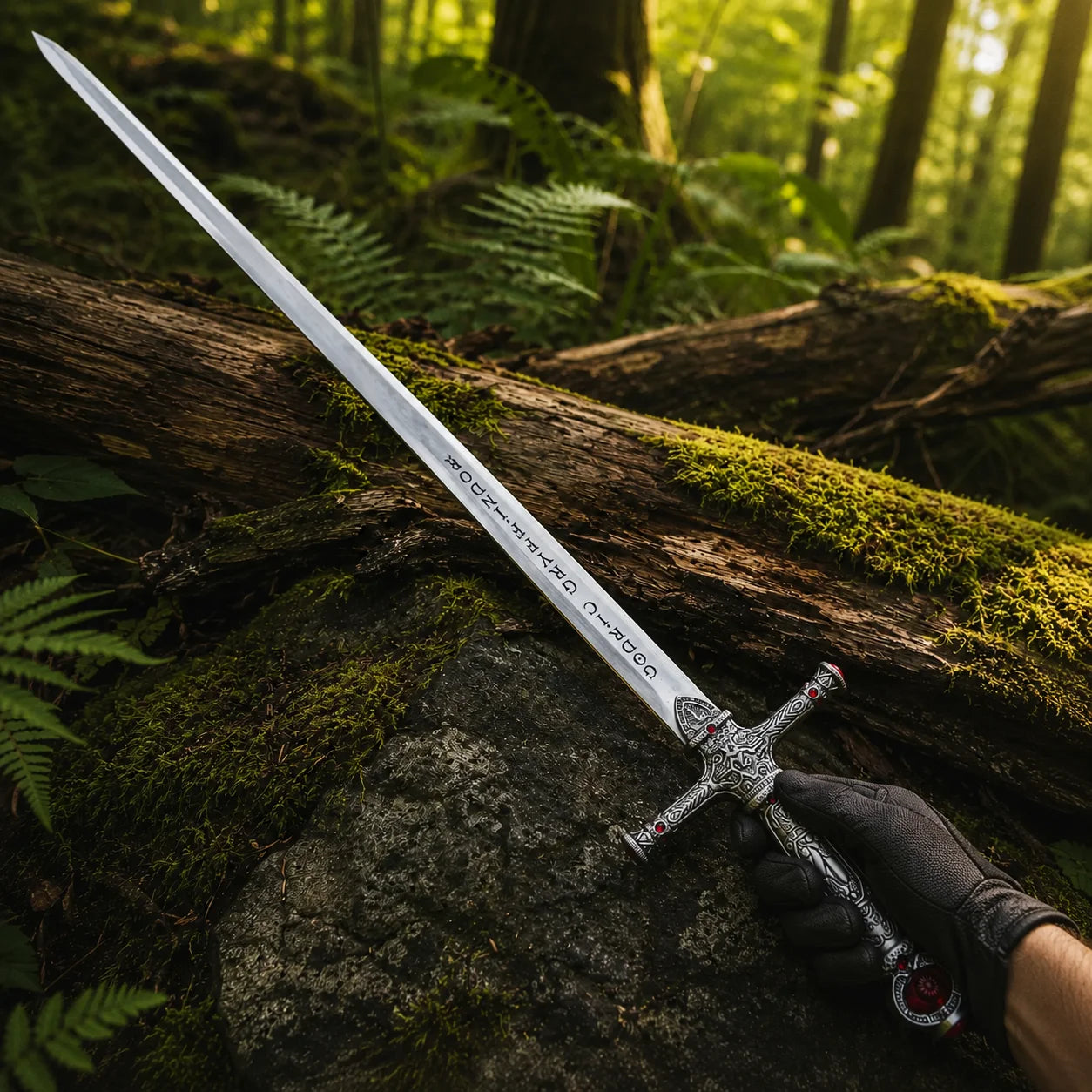Godric Gryffindor sword prop replica alternate full length view on mossy log in sunlit forest showing complete polished silver blade with Goblin script engravings ornate antique silver crossguard red ruby gemstones and large round ruby pommel – Hogwarts display collectible