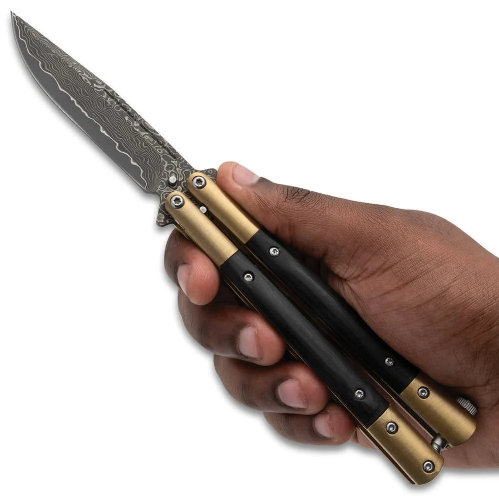 Golden Tempest Damascus butterfly knife collectible