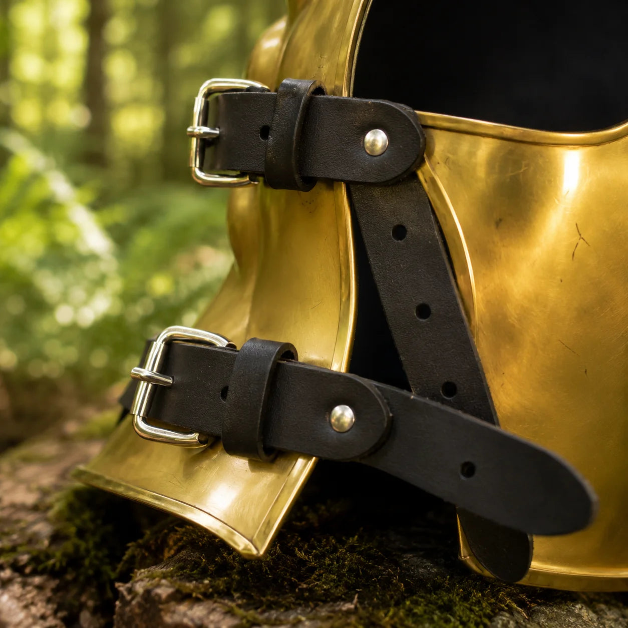Spartan muscle armor prop replica gold – side angle display collectible on mossy rock