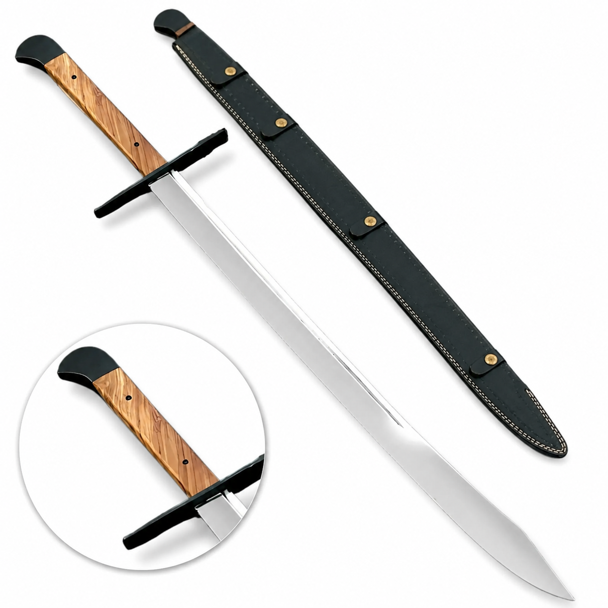 Grosse Messer sword prop replica blade tip close-up on mossy rock – Man at Arms display collectible