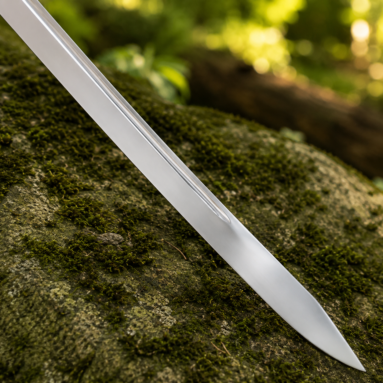 Grosse Messer medieval sword prop replica full length view on mossy rock in forest setting