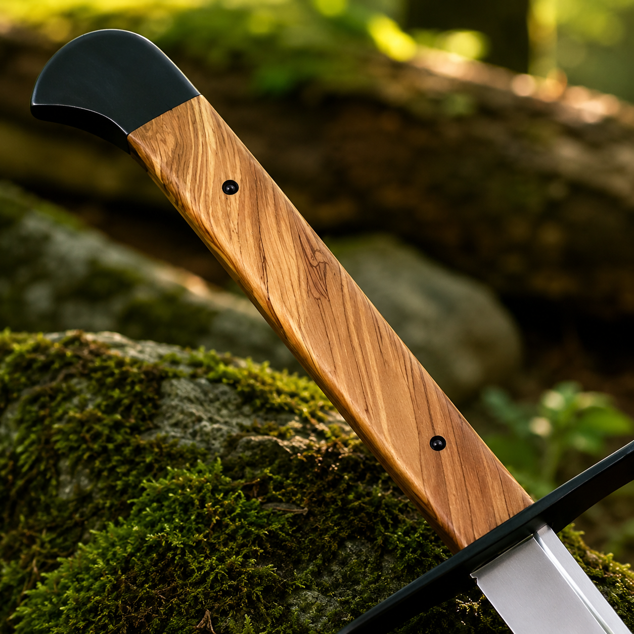Man at Arms Grosse Messer prop replica displayed with black leather scabbard on forest log