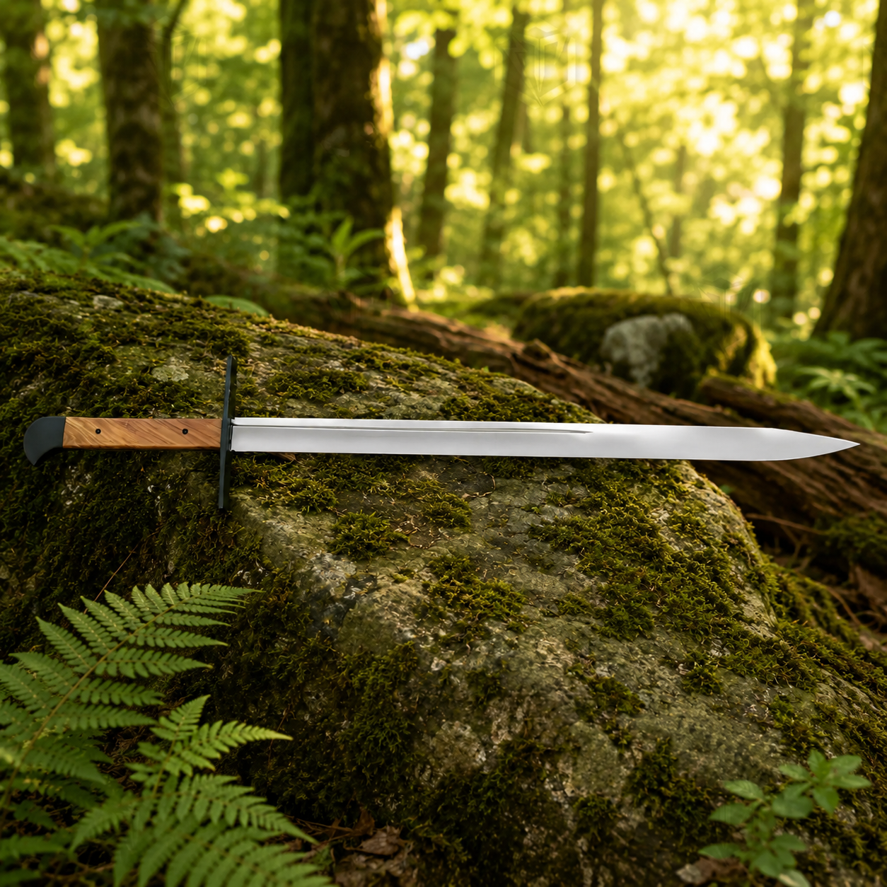 Grosse Messer display collectible and leather scabbard top-down view on mossy rock – Man at Arms replica