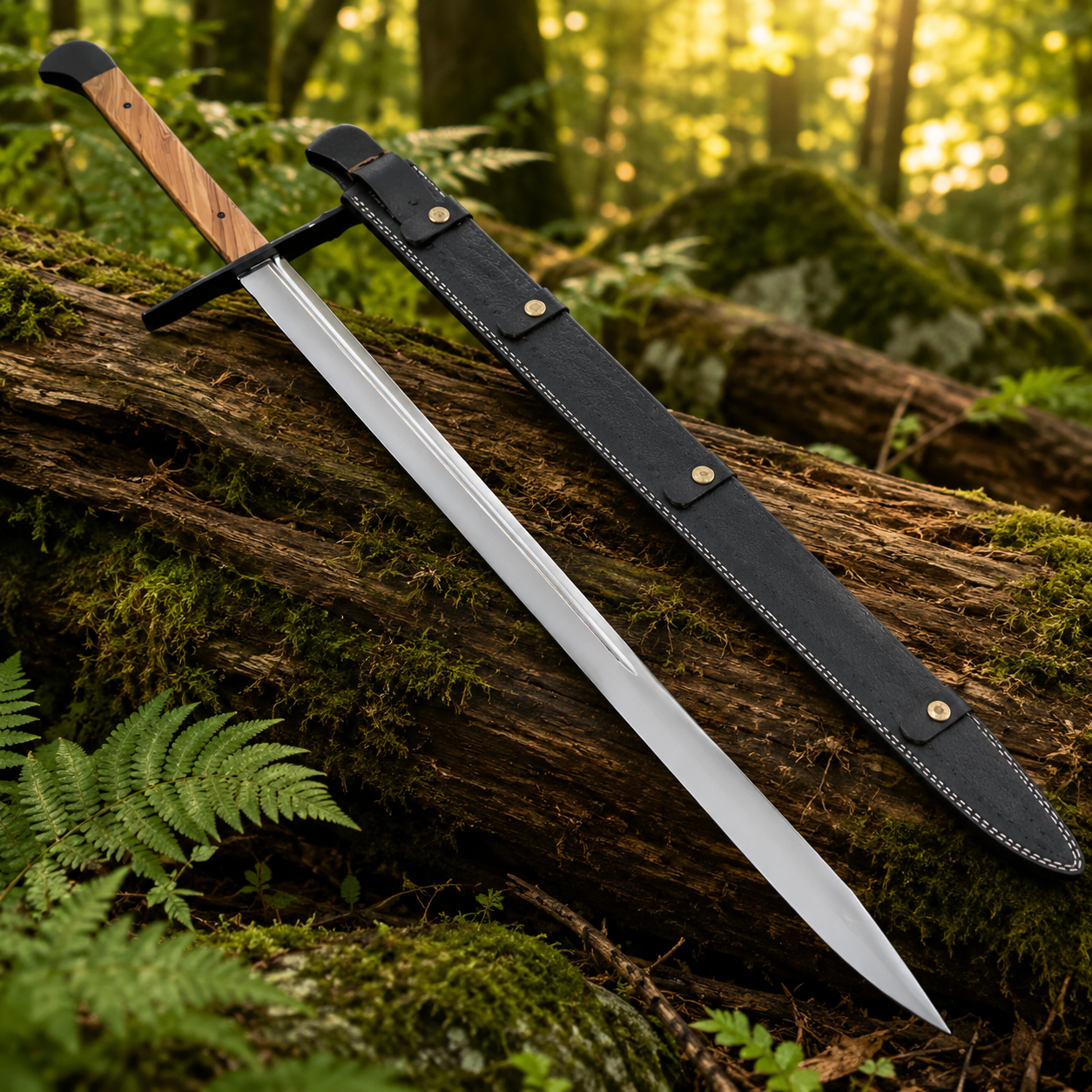 Man at Arms Grosse Messer sword prop replica with leather scabbard angled display on mossy rock