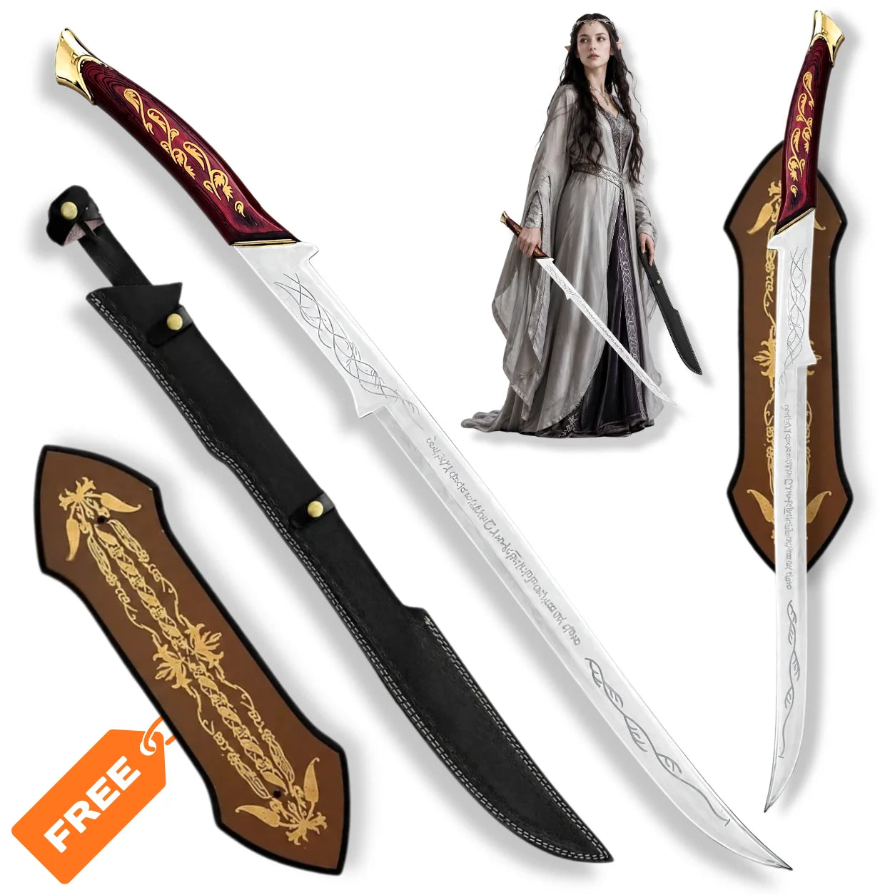 Hadhafang Arwen Elven sword LOTR prop replica with black sheath and decorative wall display plaque