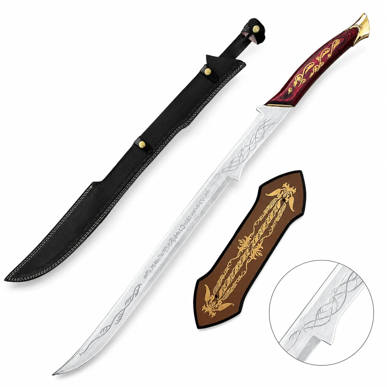 Hadhafang Arwen Elven sword prop replica full length on mossy forest log with Elvish script blade engravings and crimson red handle – LOTR fantasy collectible