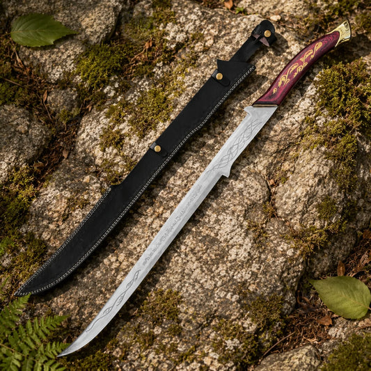 Close-up of Hadhafang Arwen sword prop replica crimson red handle with gold floral vine inlay engravings and gold-tone pommel cap – LOTR Elven collectible