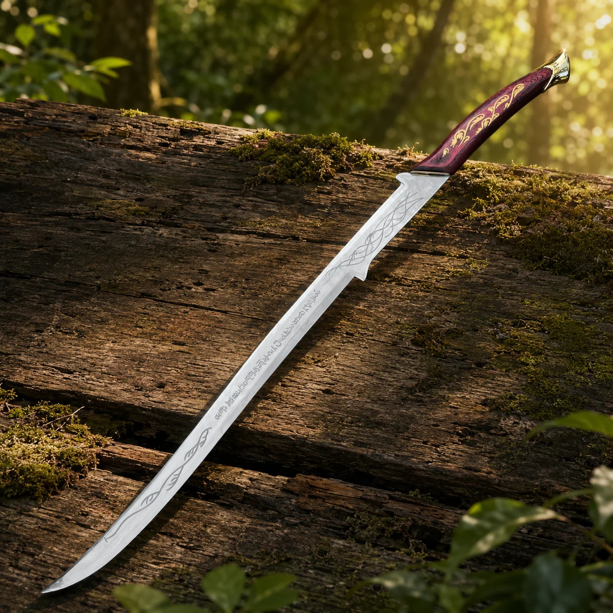 Hadhafang Arwen LOTR display replica collectible featuring a reddish-brown handle with gold elven vines, engraved metallic blade, and black stitched scabbard