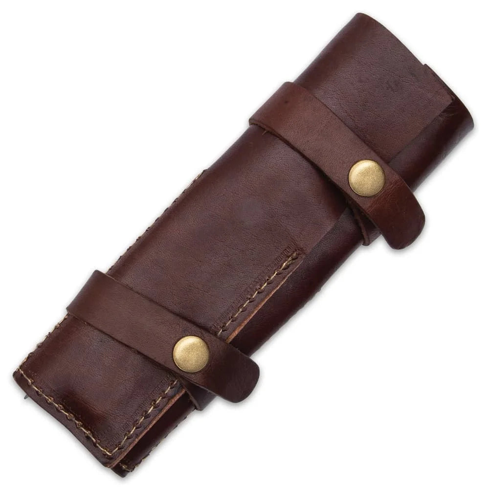 Hand-forged medieval cutlery set including fork, spoon, and skewer in leather case for reenactment