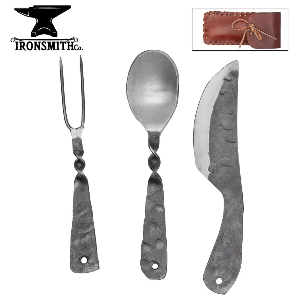 Hand-forged medieval eating set with knife, spoon, fork in leather pouch for reenactment