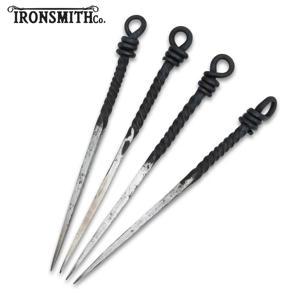 Hand-forged medieval eating skewers set of 4 in high-carbon steel for reenactment grilling