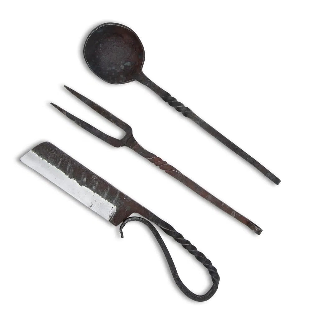 Hand-forged pioneer dining set with knife, spoon, fork in leather pouch for reenactment camping