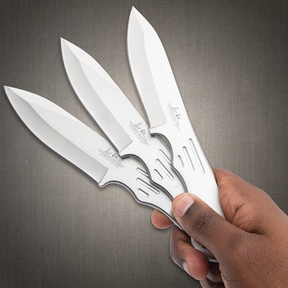 Gil Hibben large triple throwing knife set with stainless steel build and nylon sheath