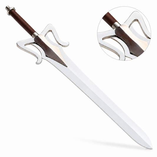 He-Man 1987 Movie Power Sword prop replica full view on mossy rock – Masters of the Universe display collectible