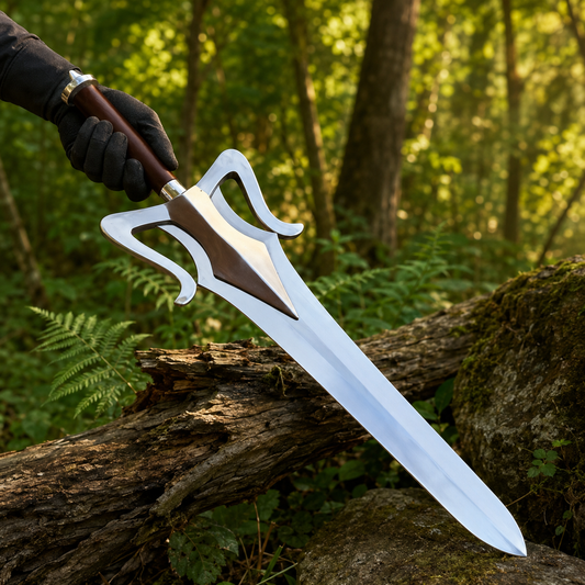He-Man 1987 Movie Power Sword prop replica handle and crossguard close-up – dark wood grip MOTU collectible