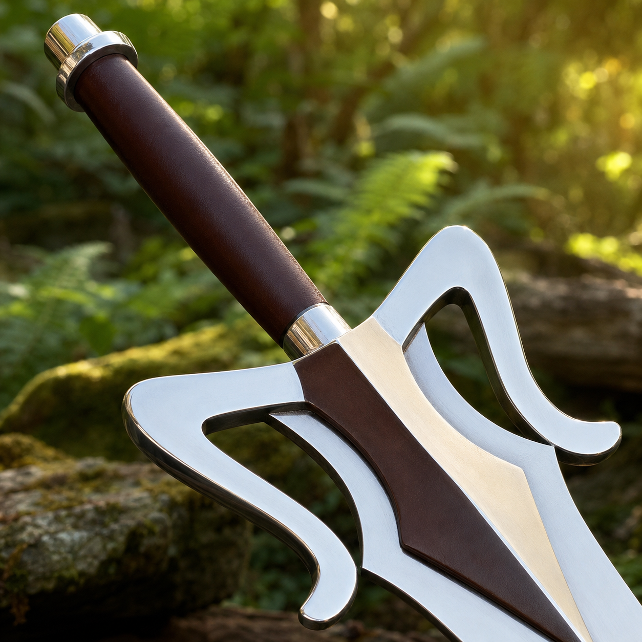 He-Man 1987 Movie Power Sword prop replica on mossy log in forest – Masters of the Universe fan display piece