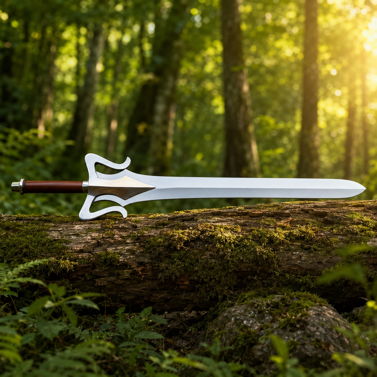 He-Man 1987 Movie Power Sword prop replica held in gloved hand in forest – Masters of the Universe display replica