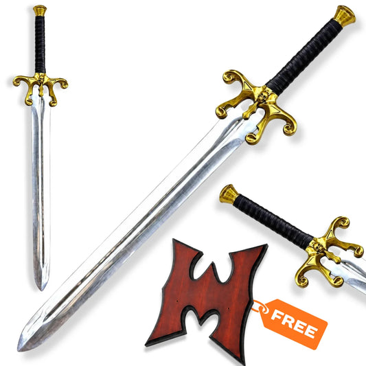 He-Man 1987 movie Power Sword prop replica with gold ornate hilt and silver blade – Masters of the Universe collectible